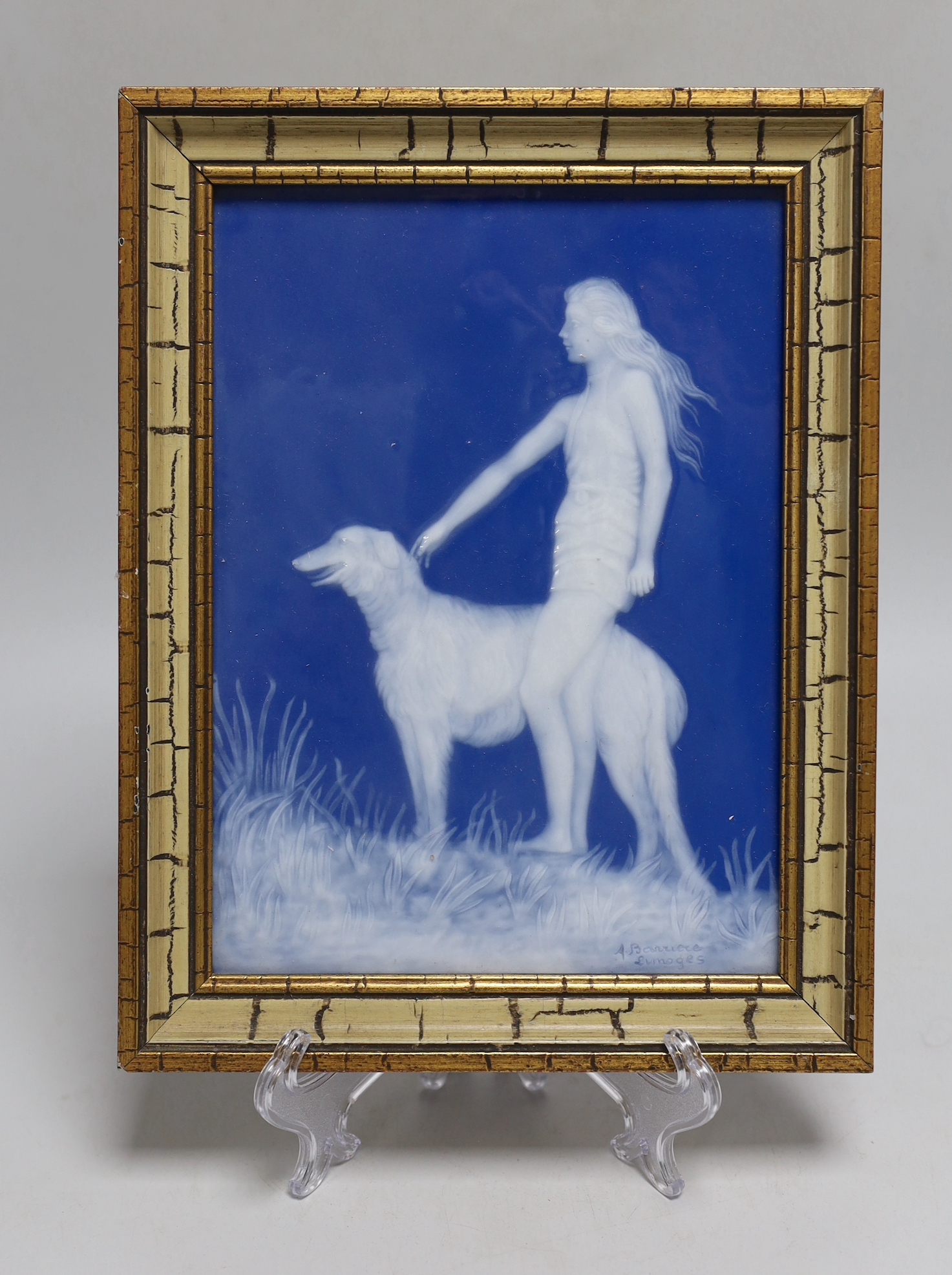 A.Barriere. A Limoges pate sur pate, plaque of a girl and dog, 14.5cm wide, 20cm high (not including frame)